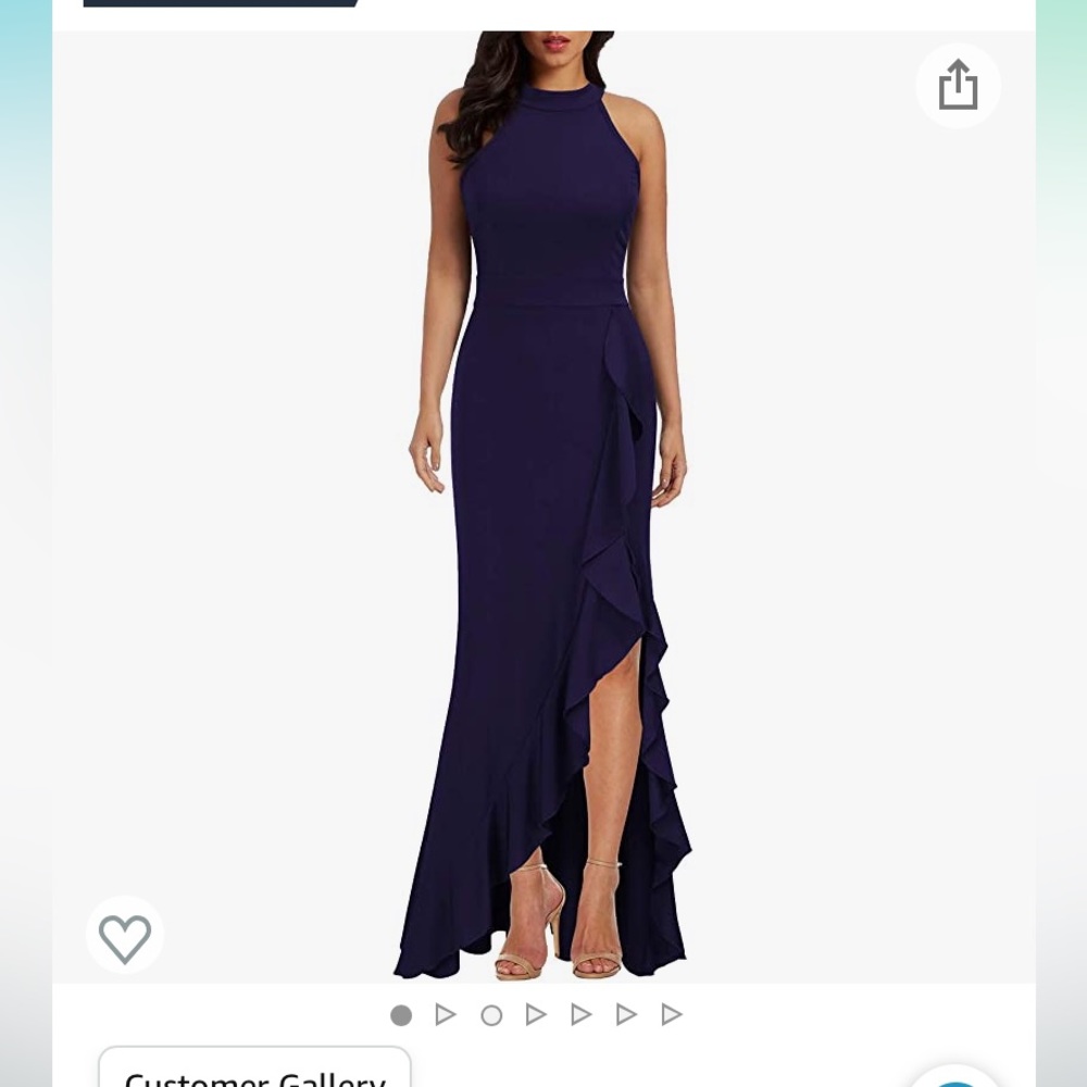 Long high neck navy blue dress. Has ruffle and slit. Worn once for a wedding.
